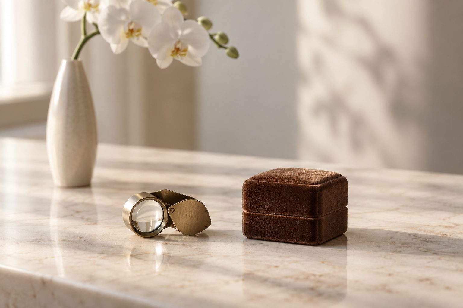 A jeweler's loupe and a small closed velvet ring box on a marble counter with a white orchid behind.
