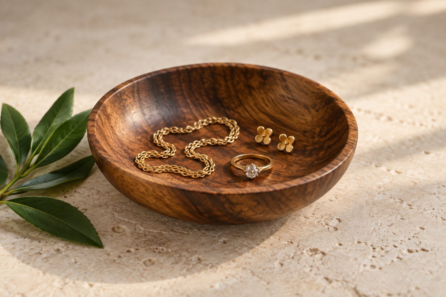 A wooden bowl on a pale stone counter holding a gold chain, small gold earrings and a diamond ring, with a sprig of green leaves beside it.