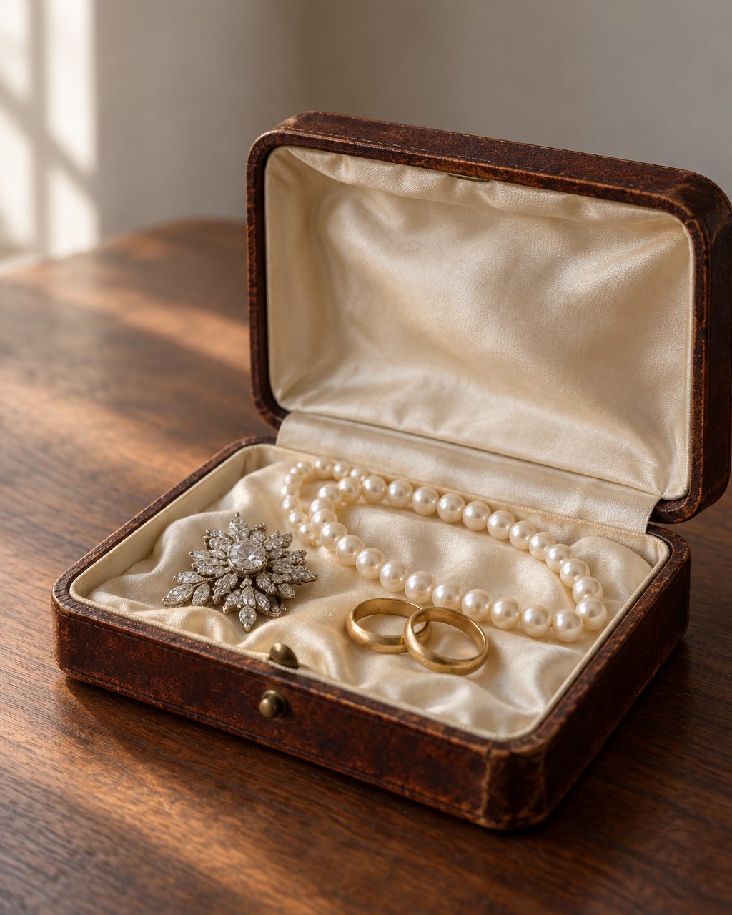 An open vintage leather jewelry box lined in cream silk holding a diamond brooch, a strand of pearls and two gold rings.