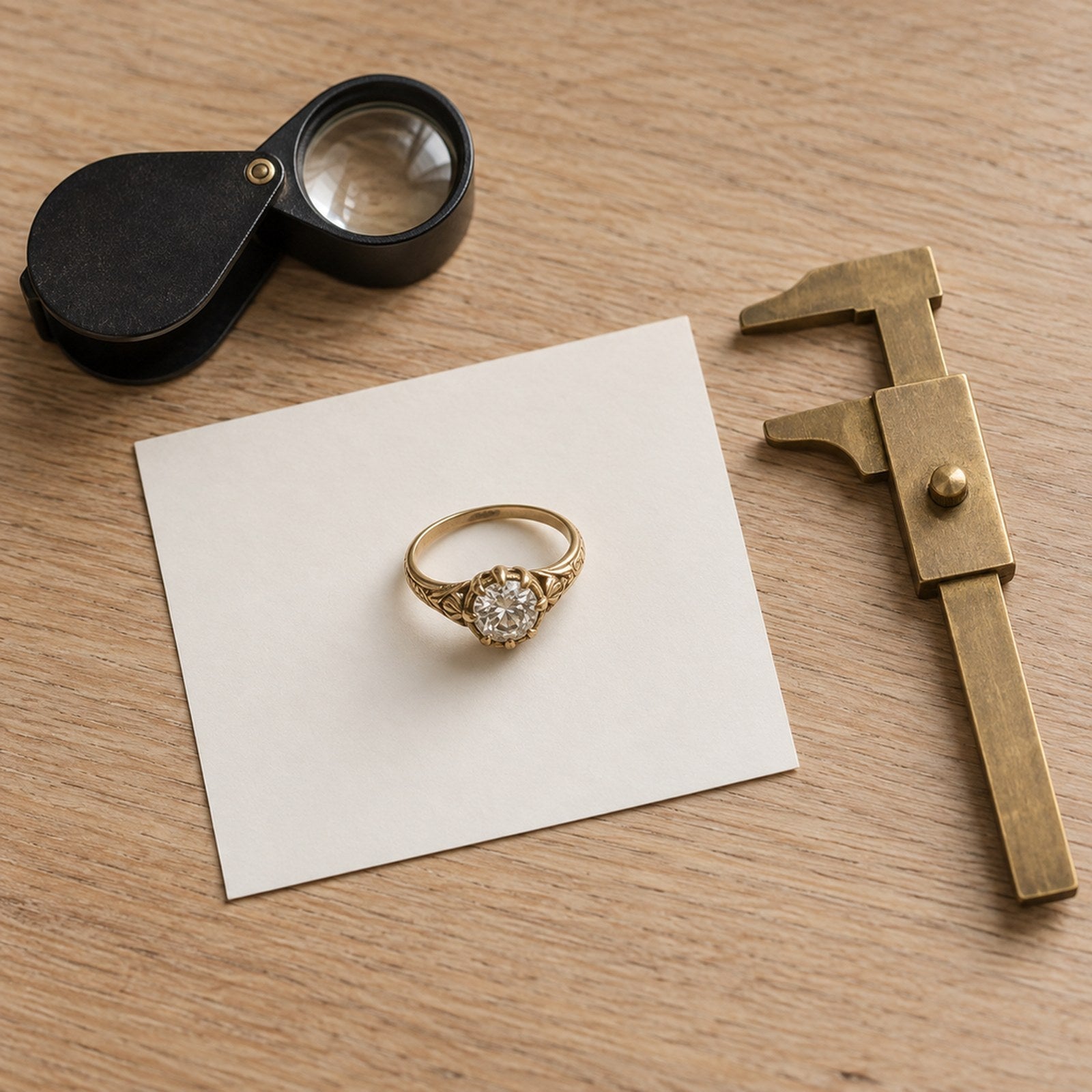 An antique gold diamond ring on a blank card beside a jeweler's loupe and a brass gauge, the tools of a written appraisal at Jewel Box Hawaii in Honolulu.