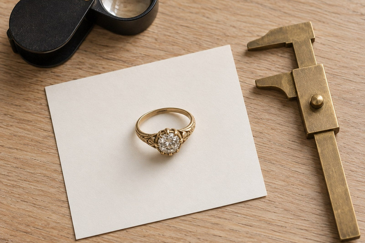 An antique gold diamond ring on a blank card beside a jeweler's loupe and a brass gauge, the tools of a written appraisal at Jewel Box Hawaii in Honolulu.