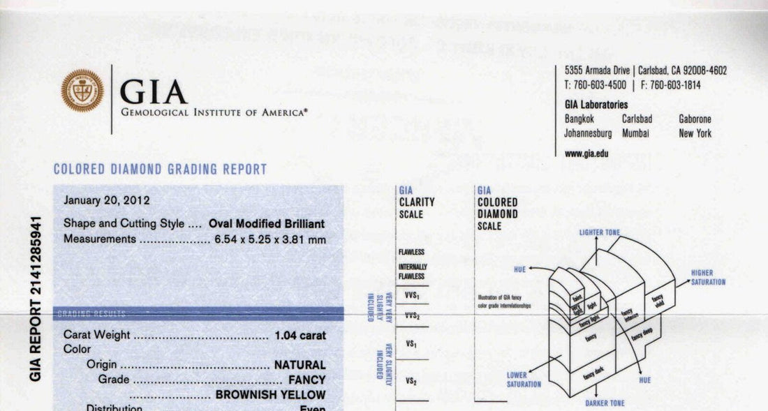 GIA colored diamond grading report used for jewelry appraisal documentation in Honolulu