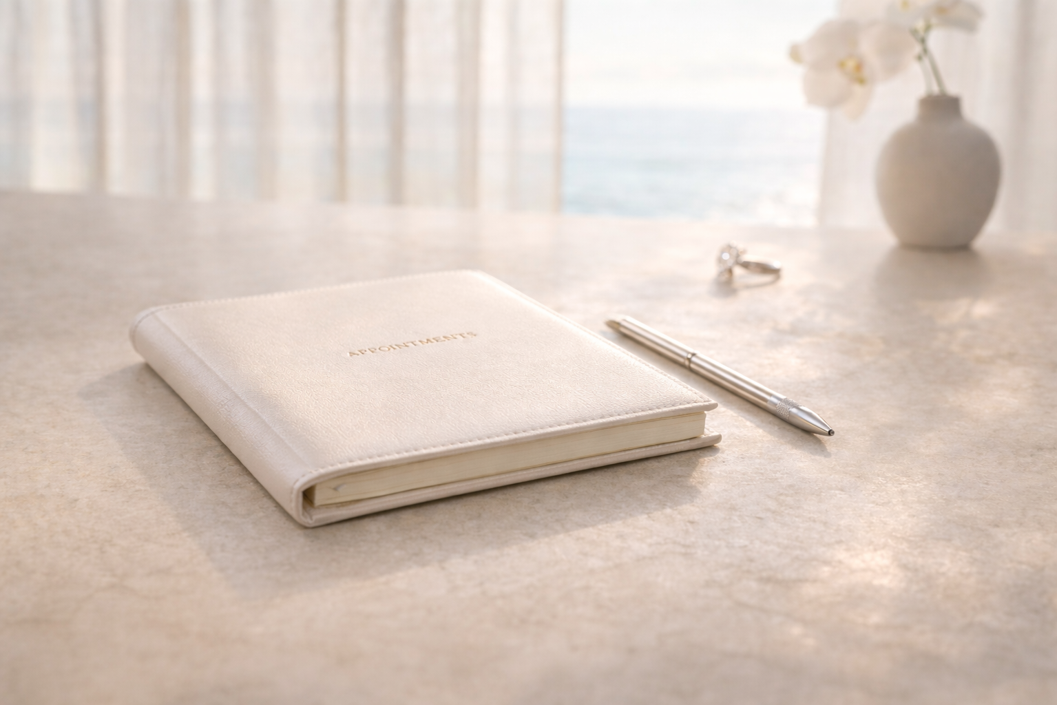 White notebook with a pen on a light surface with a blurred background