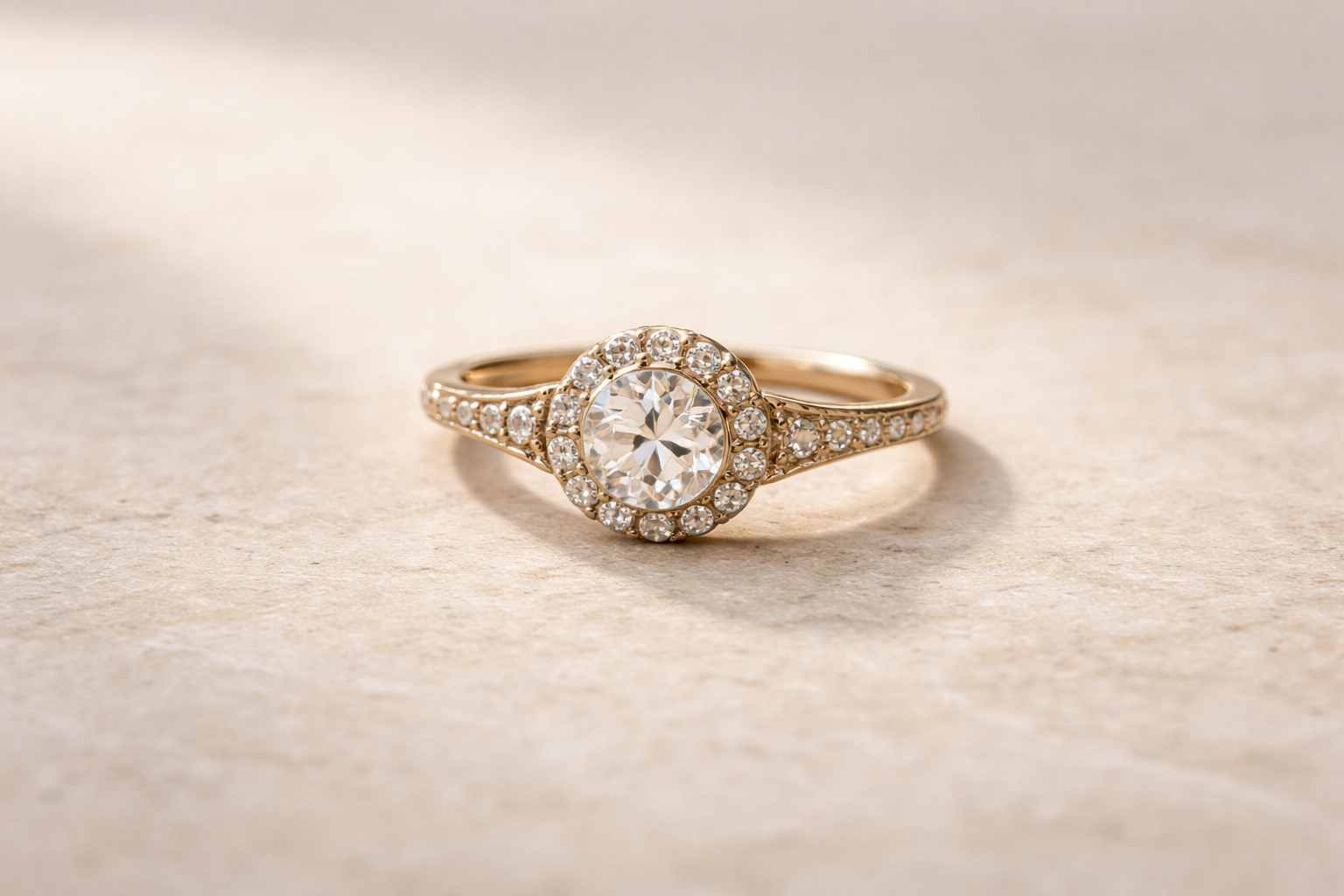 Gold ring with a diamond on a beige background