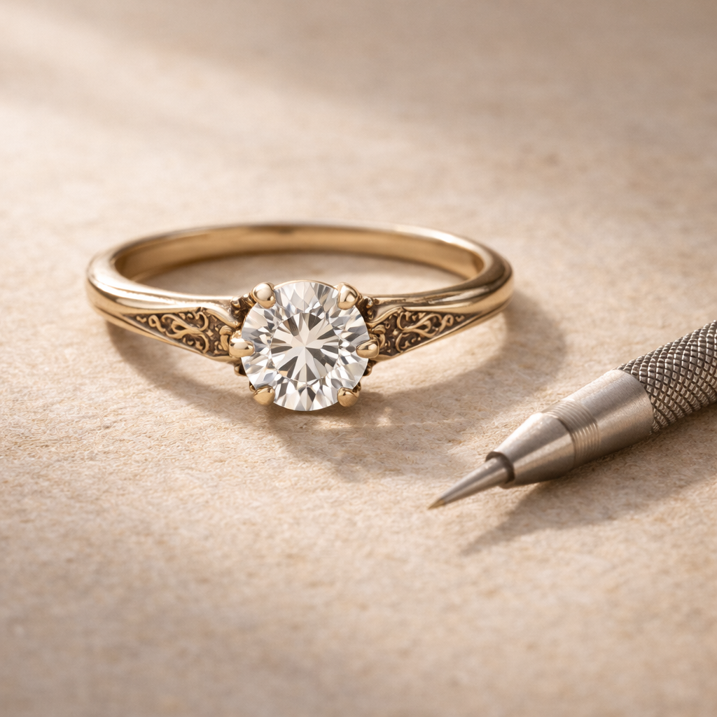 Gold ring with a diamond on a beige surface next to a small tool