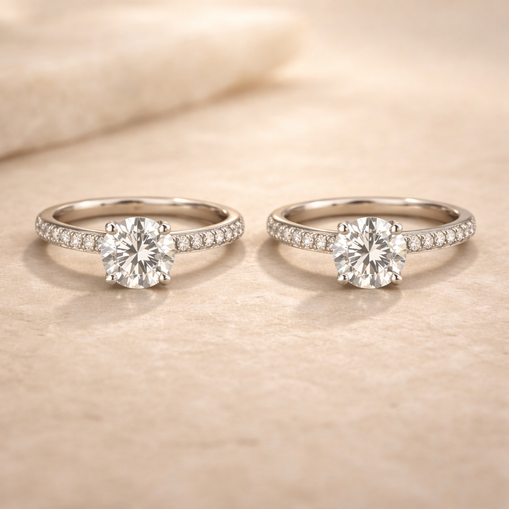 Two diamond rings on a beige background