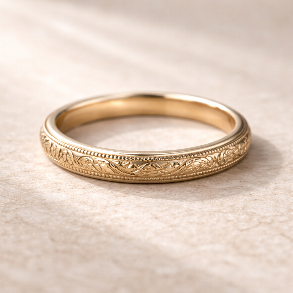 Gold wedding band with intricate patterns on a beige background
