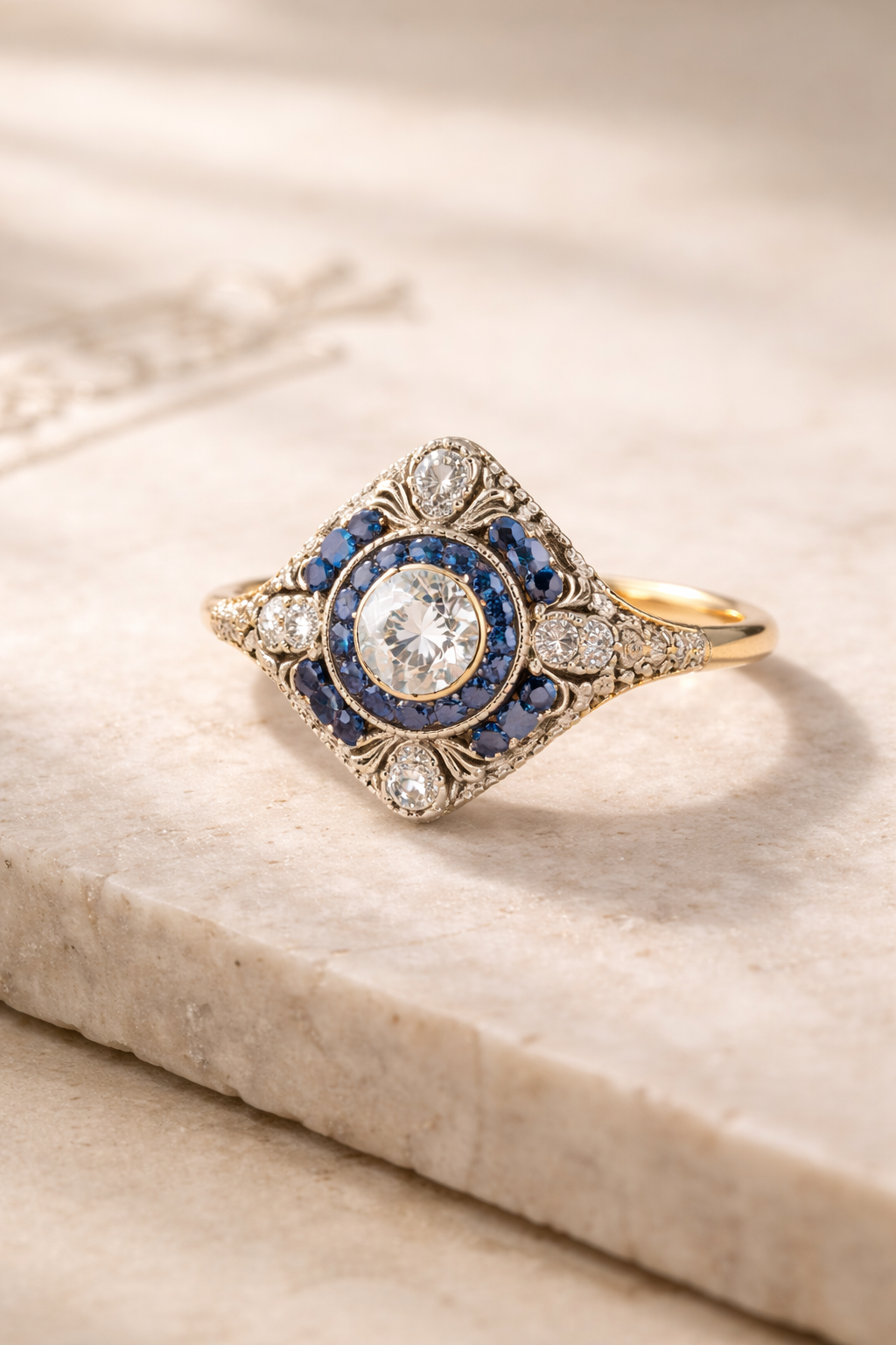 Elegant ring with blue gemstone and diamonds on a textured surface