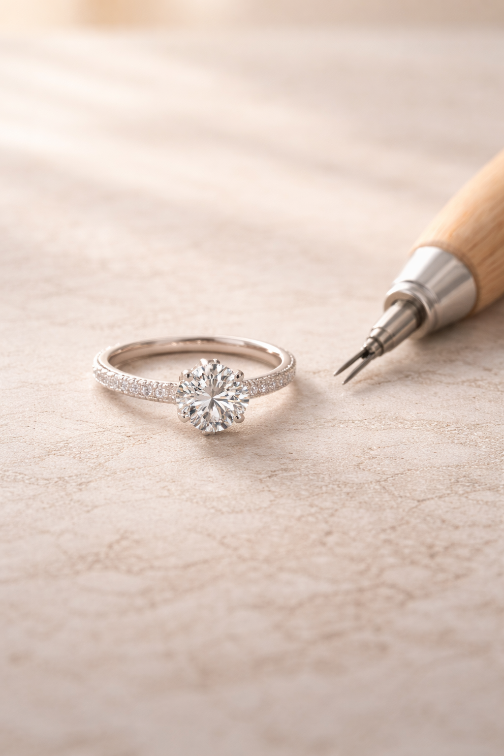 Silver ring with diamond and small tool on beige surface