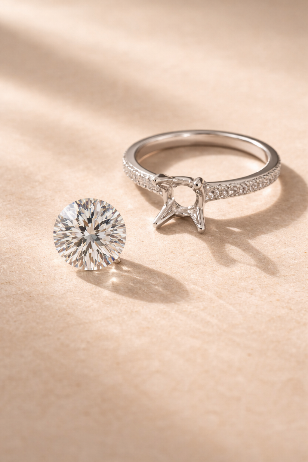 Diamond ring and round diamond on a beige background