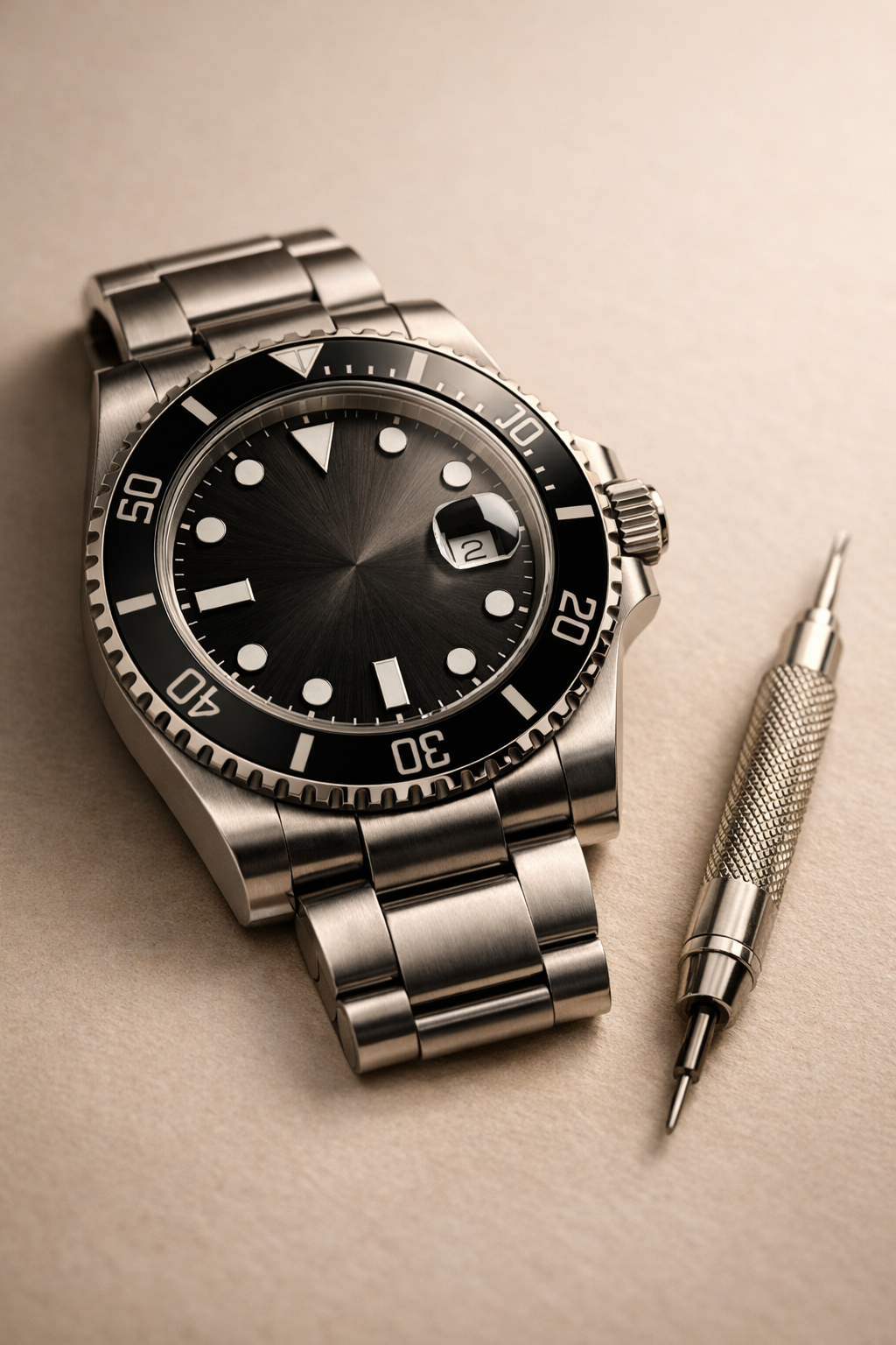 Silver watch with black dial and a small tool on a beige background