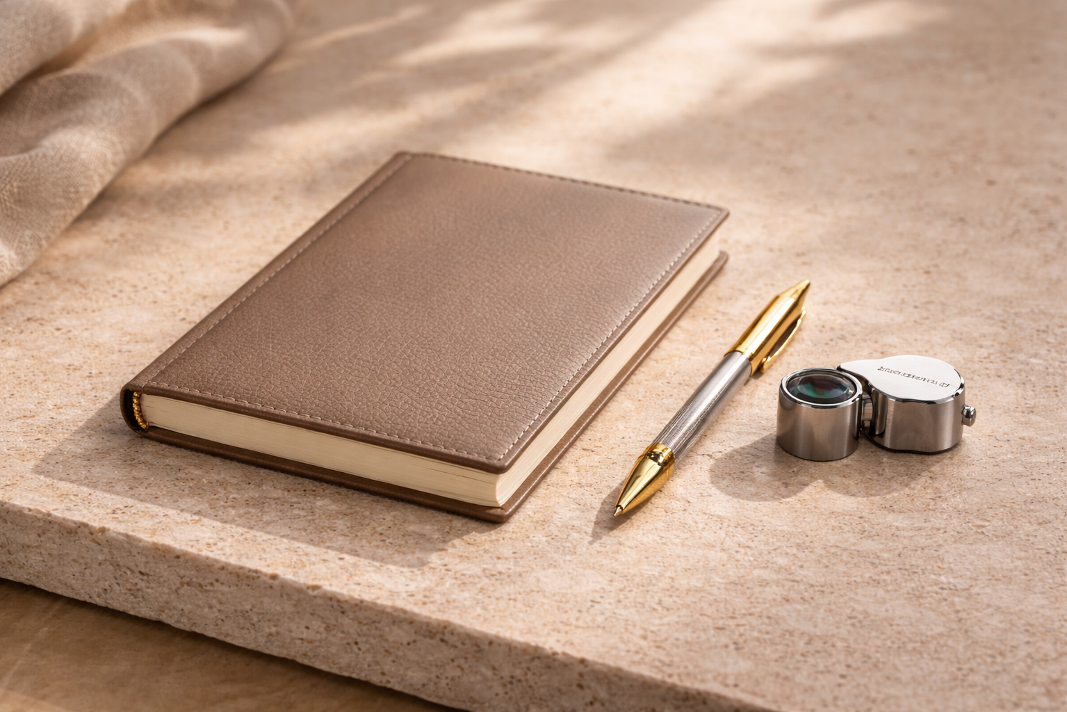 Brown leather notebook, pen, and small metallic device on a textured surface