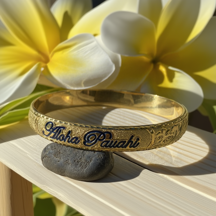 Aloha Pauahi gold Hawaiian heirloom bracelet with black enamel script on a stone beside plumeria flowers, Jewel Box Hawaii, Honolulu.