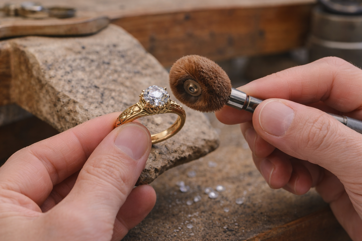 Gold ring with a diamond being cleaned by a jeweler using a brush on a stone surface.