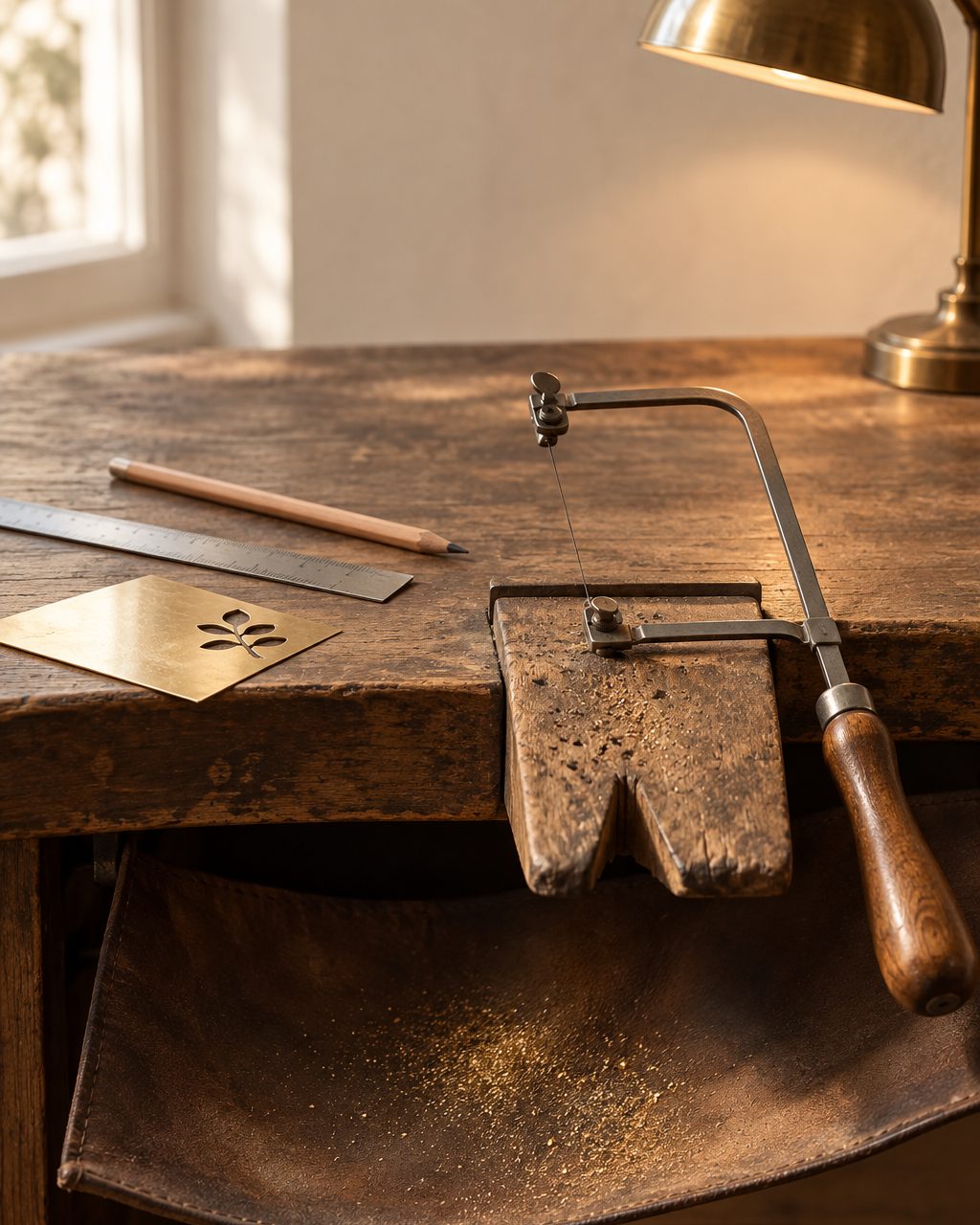 A jeweler's saw frame resting against a bench pin, a sheet of yellow gold with a cut shape, a steel ruler and a pencil on a leather bench skin under lamp light.