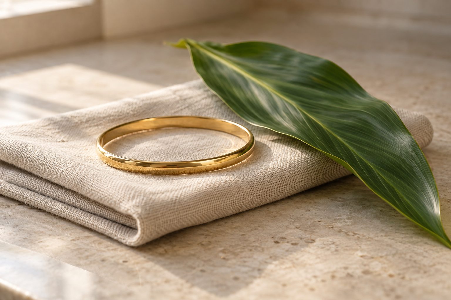 A gold bangle on a folded linen cloth on a stone counter with a green ti leaf beside it in morning light.