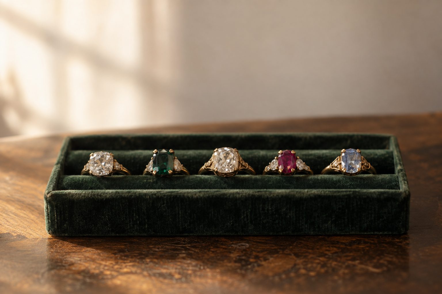 A row of vintage rings, old mine cut diamonds and colored stones in yellow gold, standing in a dark green velvet ring tray.