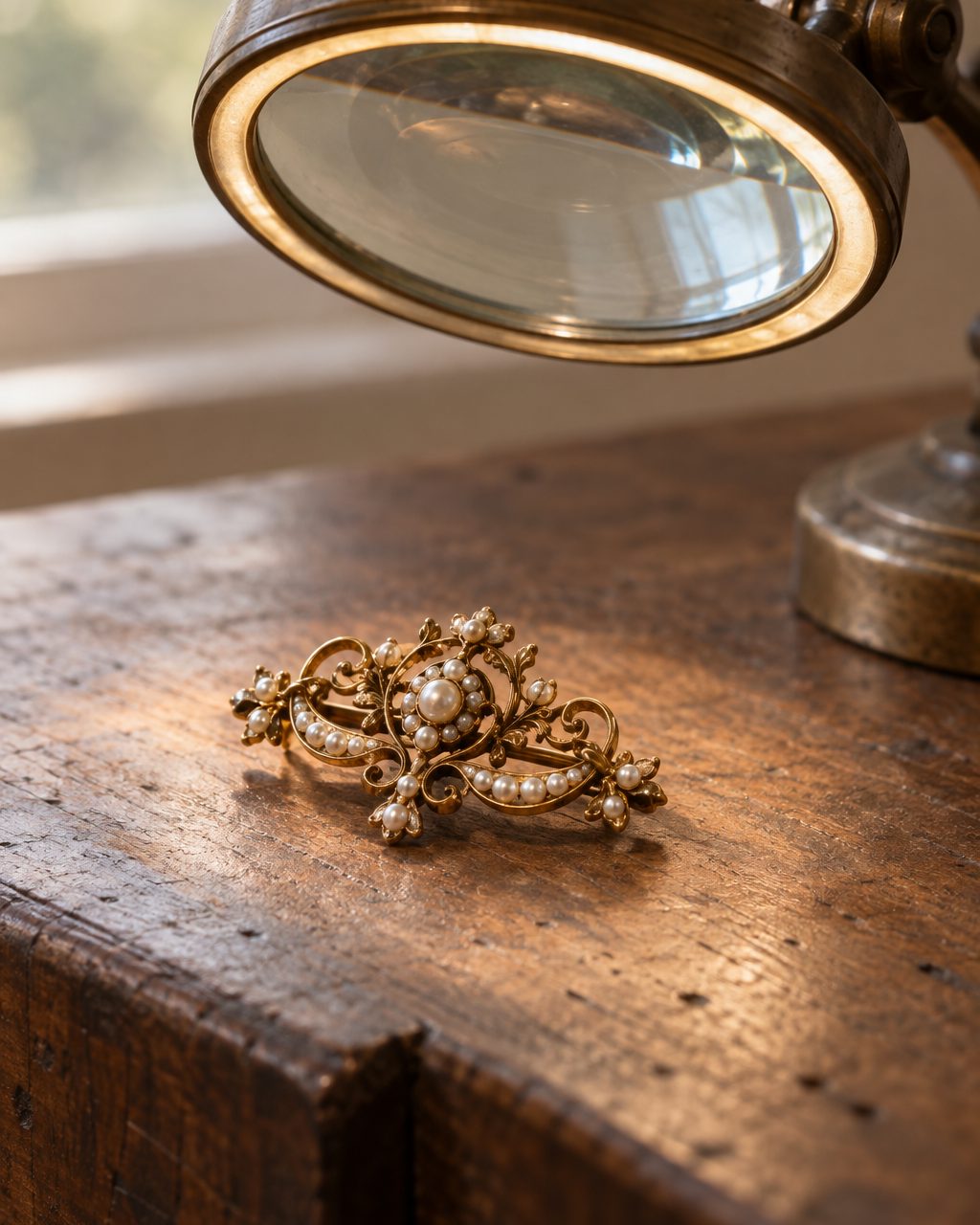 An antique yellow gold brooch set with small seed pearls under a round magnifier lamp on a jeweler's bench.