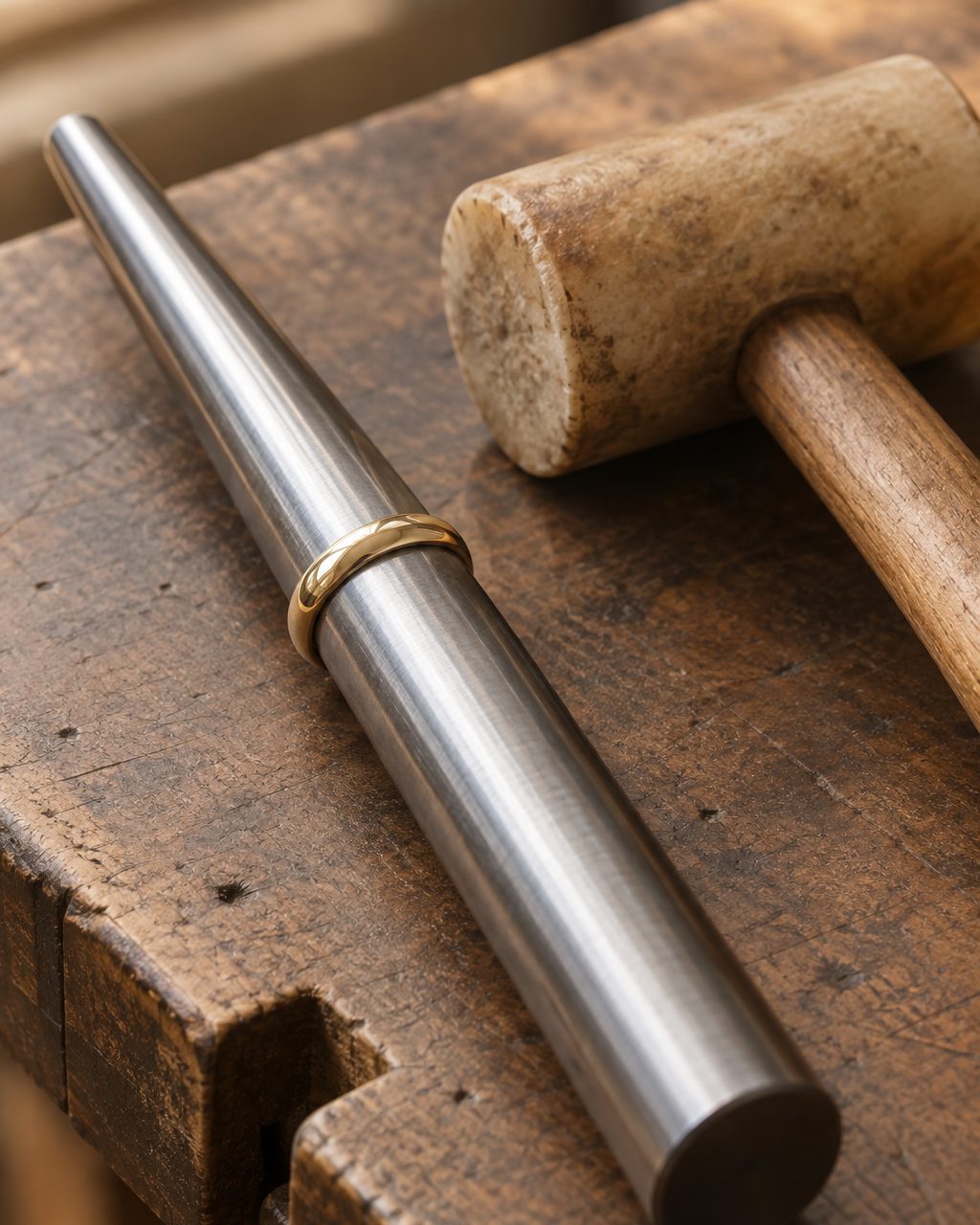 A plain yellow gold wedding band on a tapered steel ring mandrel beside a rawhide mallet on a jeweler's bench.