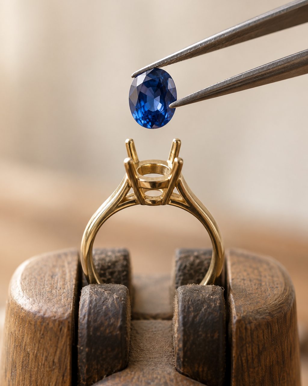 A loose oval blue sapphire held in steel tweezers above an empty yellow gold ring setting in a wooden bench clamp.