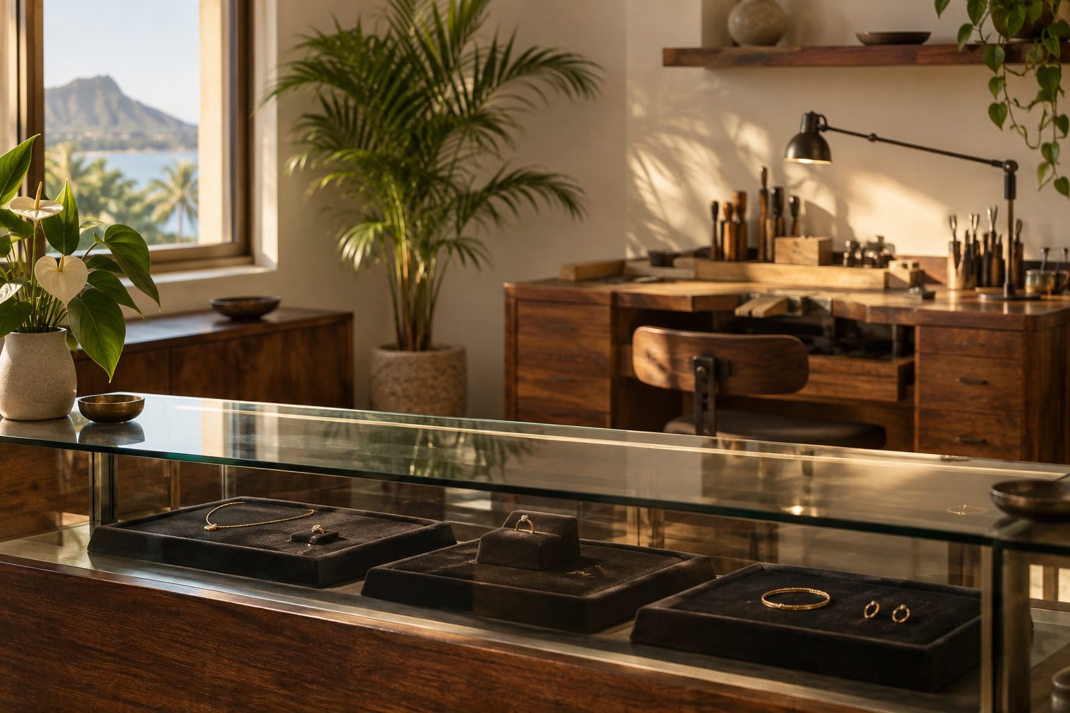 The interior of a small jewelry workshop with velvet trays, a workbench with a lamp, and Diamond Head visible through the window.