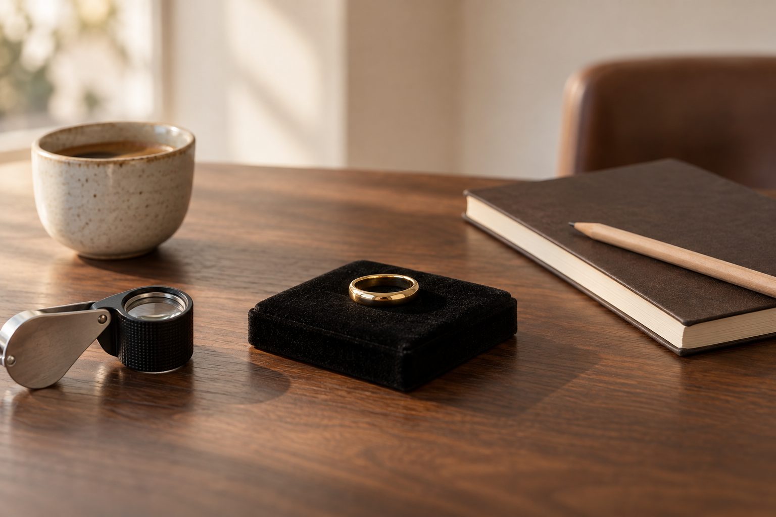 A jeweler's counter with a gold ring on a black velvet pad, a loupe, a closed notebook and a cup of coffee in morning light.