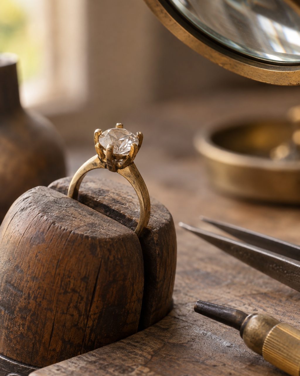 An antique yellow gold ring with worn prongs held in a bench clamp under a magnifier lamp, with fine tweezers beside it.