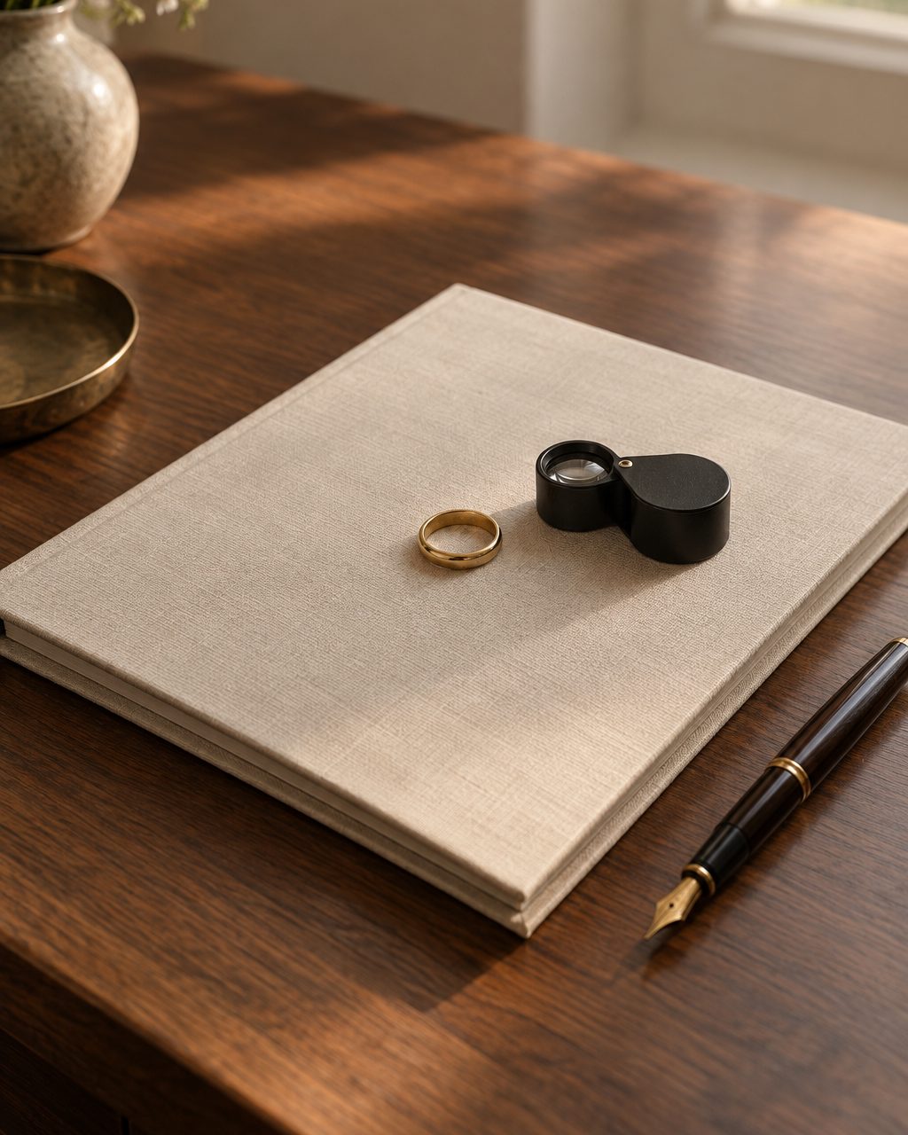 A closed cream linen document folder on a walnut desk with a gold ring, a loupe and a fountain pen resting on it.