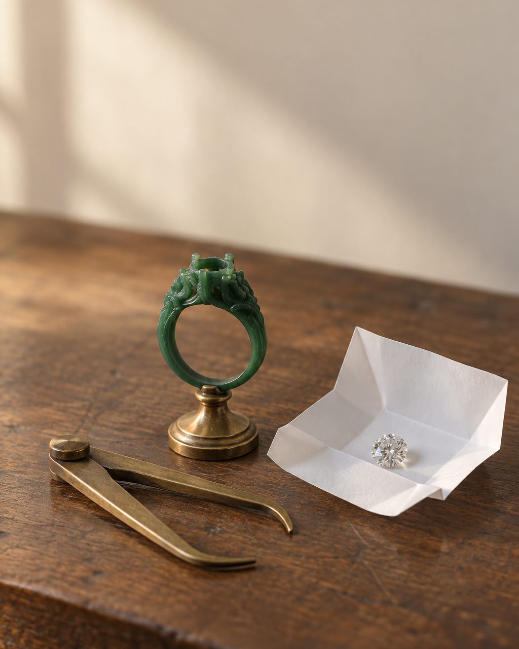 A carved green wax ring model on a brass stand beside a loose round diamond in gem paper and brass calipers on a walnut bench.