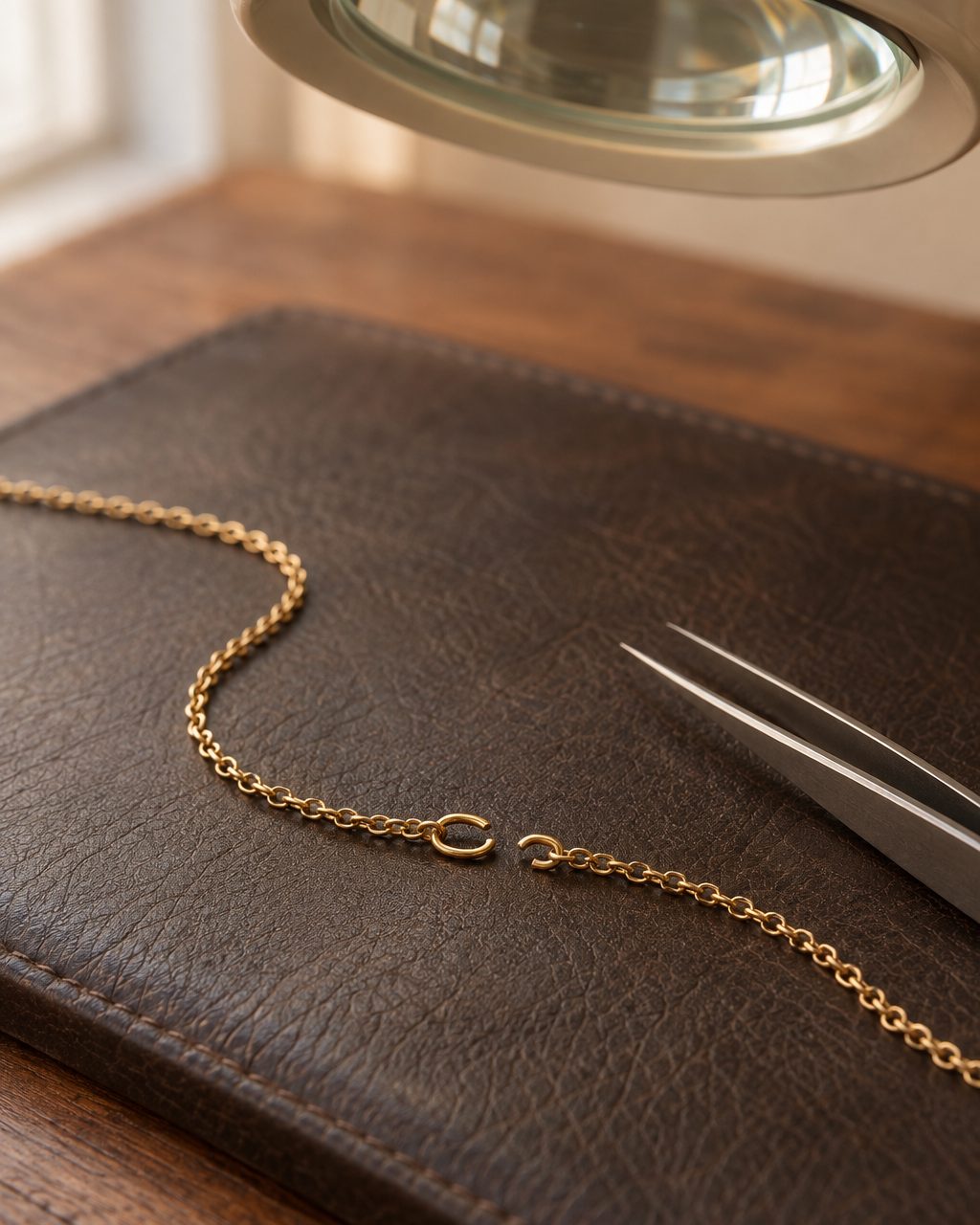 A fine gold chain with one broken link on a dark leather bench pad under a magnifier lamp, with steel tweezers beside it.