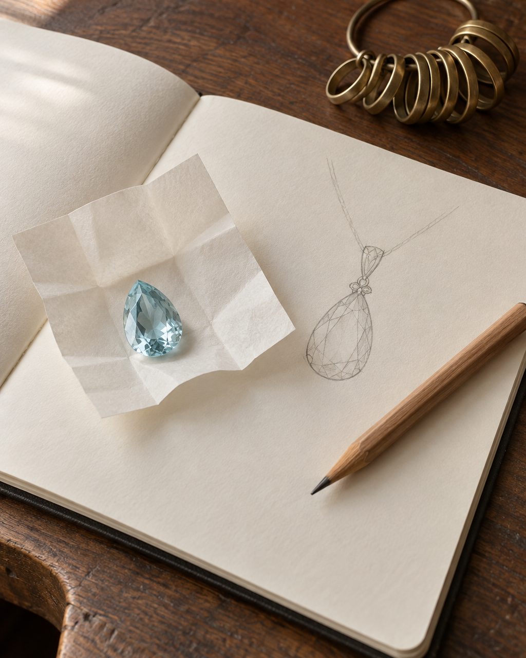 A jeweler's sketchbook with a pencil drawing of a pendant, a loose pear shaped aquamarine in gem paper and a ring sizing gauge on a walnut bench.