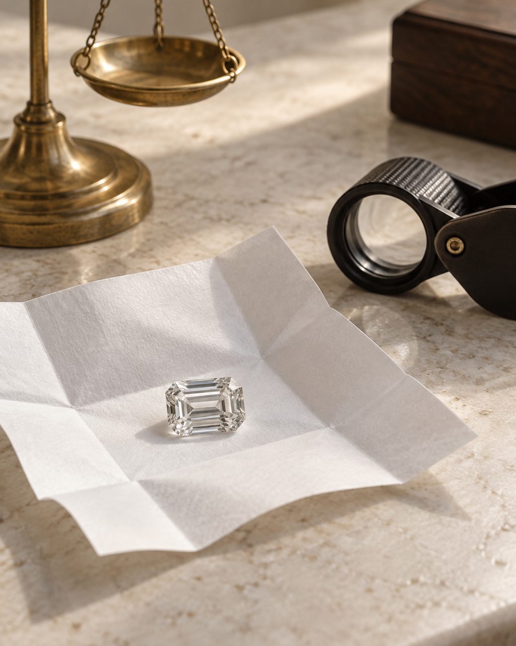 A loose emerald cut diamond in folded white gem paper beside a black loupe and a small brass balance scale on a pale stone counter.