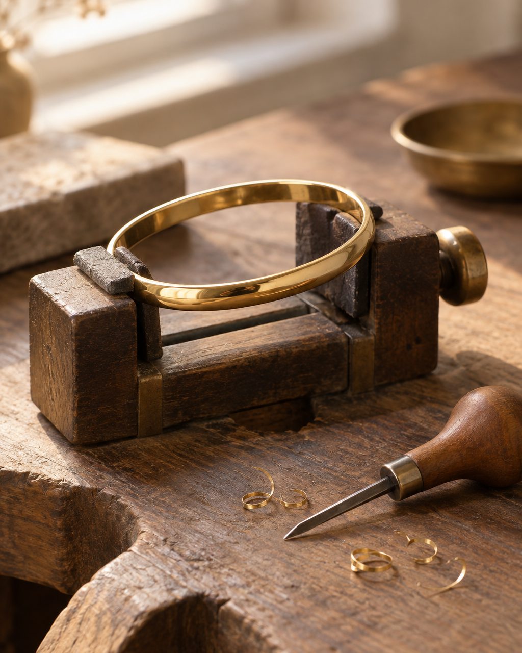 A plain yellow gold bangle held in an engraving vise on a jeweler’s bench with a graver and fine gold curls beside it.