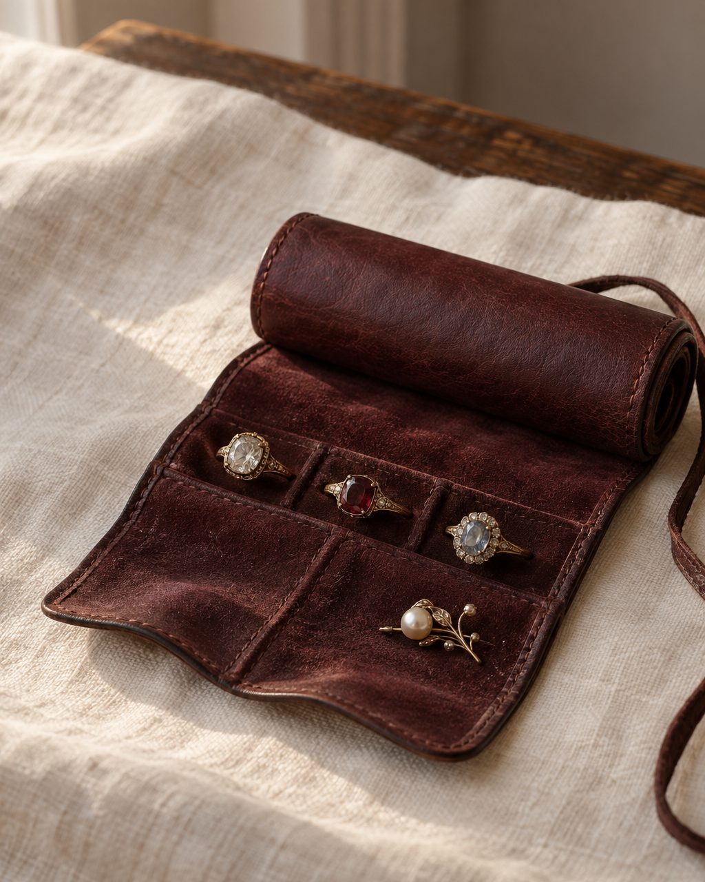 A vintage burgundy leather jewelry roll unrolled on linen showing three antique gold rings with old cut stones and a small pearl brooch.
