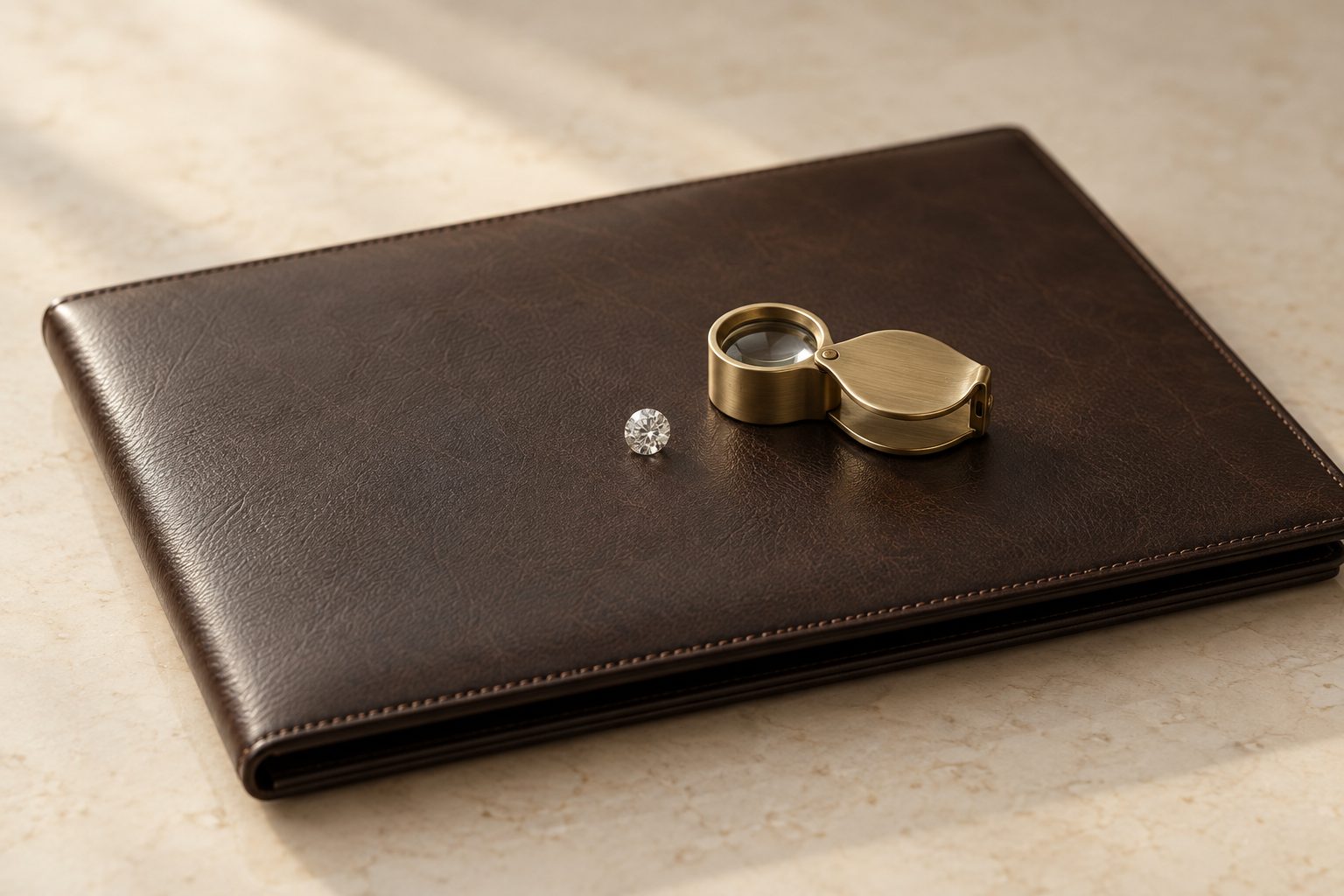 A closed dark brown leather document folder on a stone counter with a loupe and a single loose diamond resting on it.