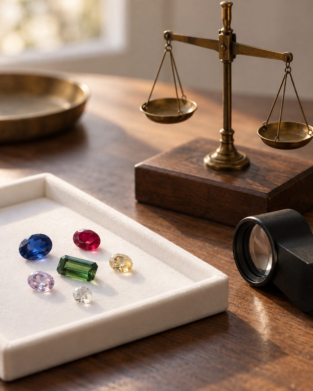 Several loose faceted colored gemstones on a white gem tray beside a black loupe and a small brass gem scale.
