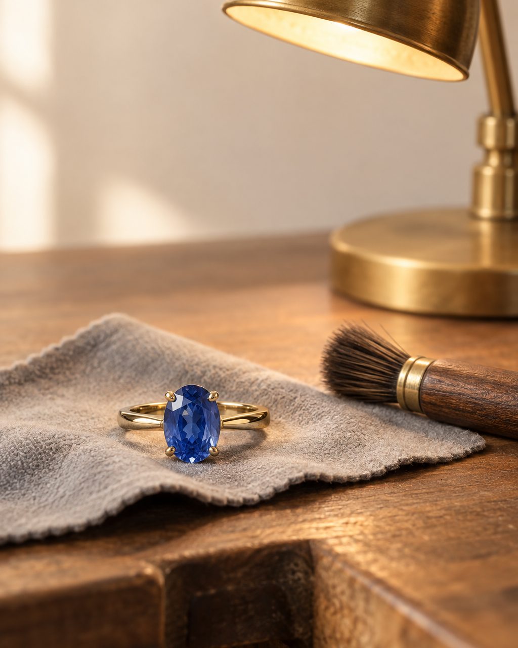A finished yellow gold ring with an oval blue sapphire on a grey polishing cloth beside a small brush under a bench lamp.