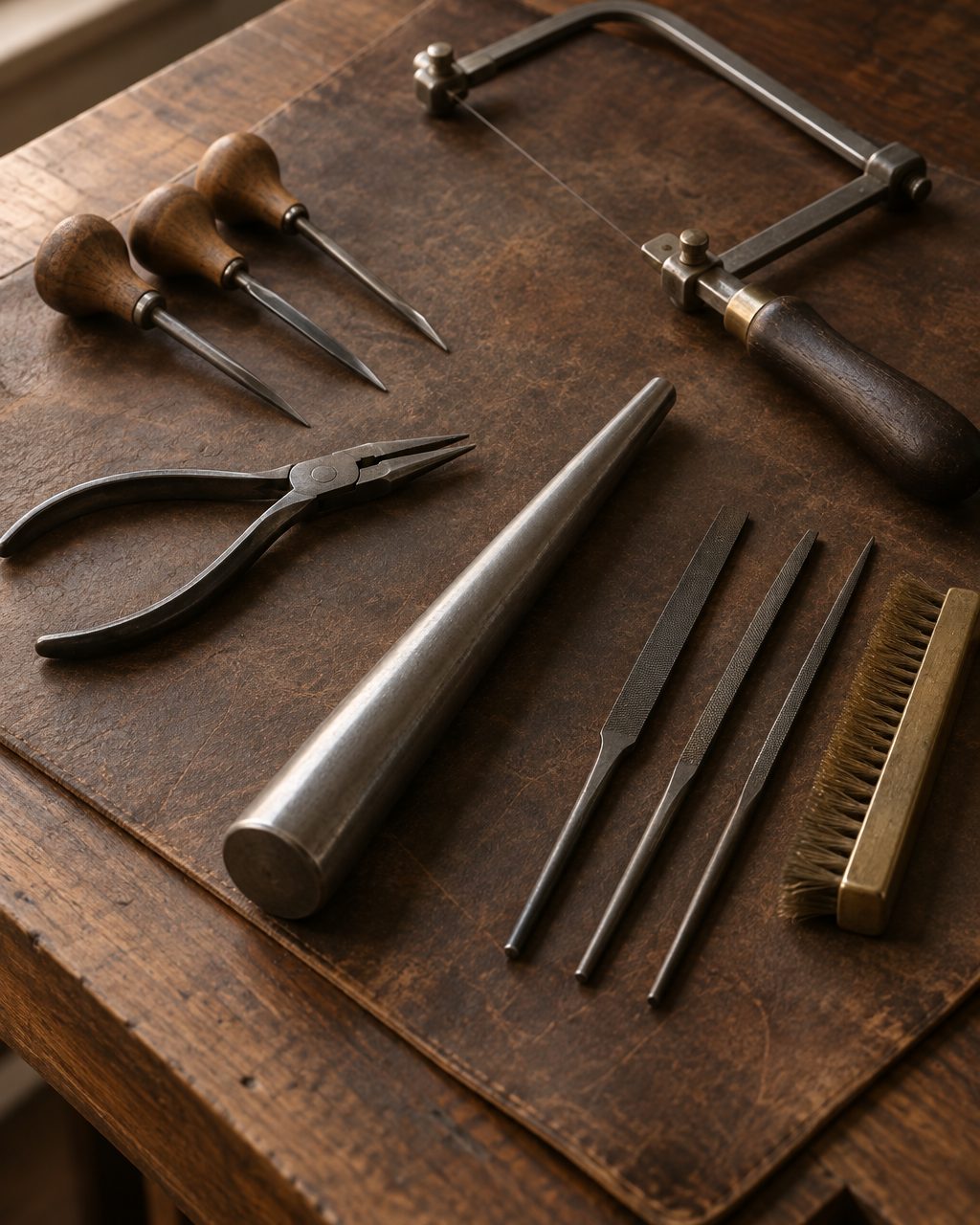 A jeweler's hand tools laid out on a worn leather bench: gravers, pliers, a saw frame, a ring mandrel and files in warm window light.
