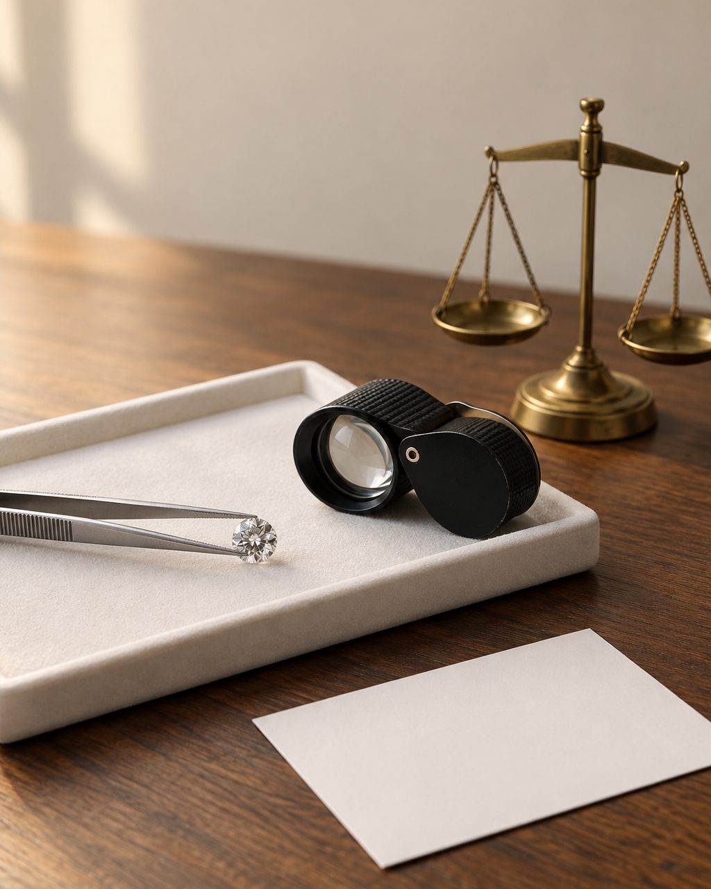 A loose round brilliant diamond held in locking tweezers beside a loupe on a white gem tray, with a small brass gem scale behind.