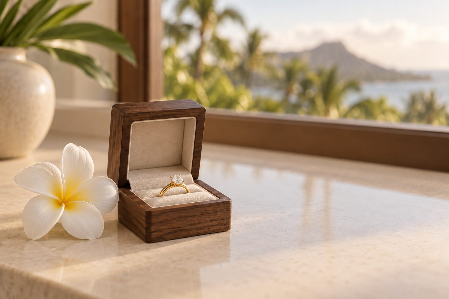 A small open ring box beside a single white plumeria flower on a clean counter, with soft tropical greenery blurred in the window behind.