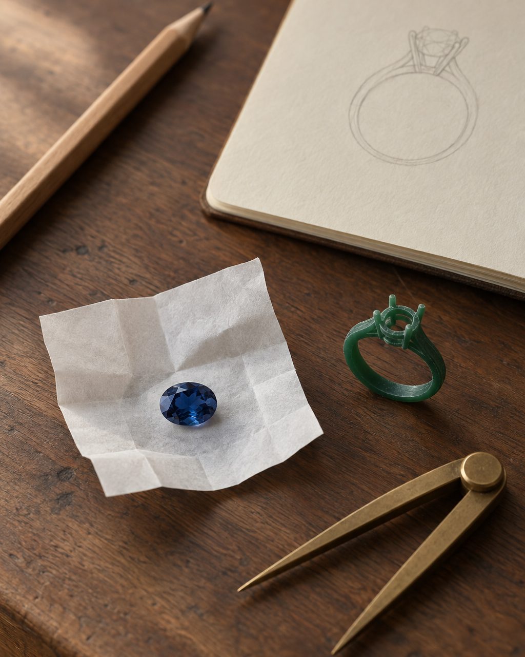 A loose oval sapphire in a folded gem paper beside a carved green wax ring model, a pencil sketch and brass calipers on a walnut bench.