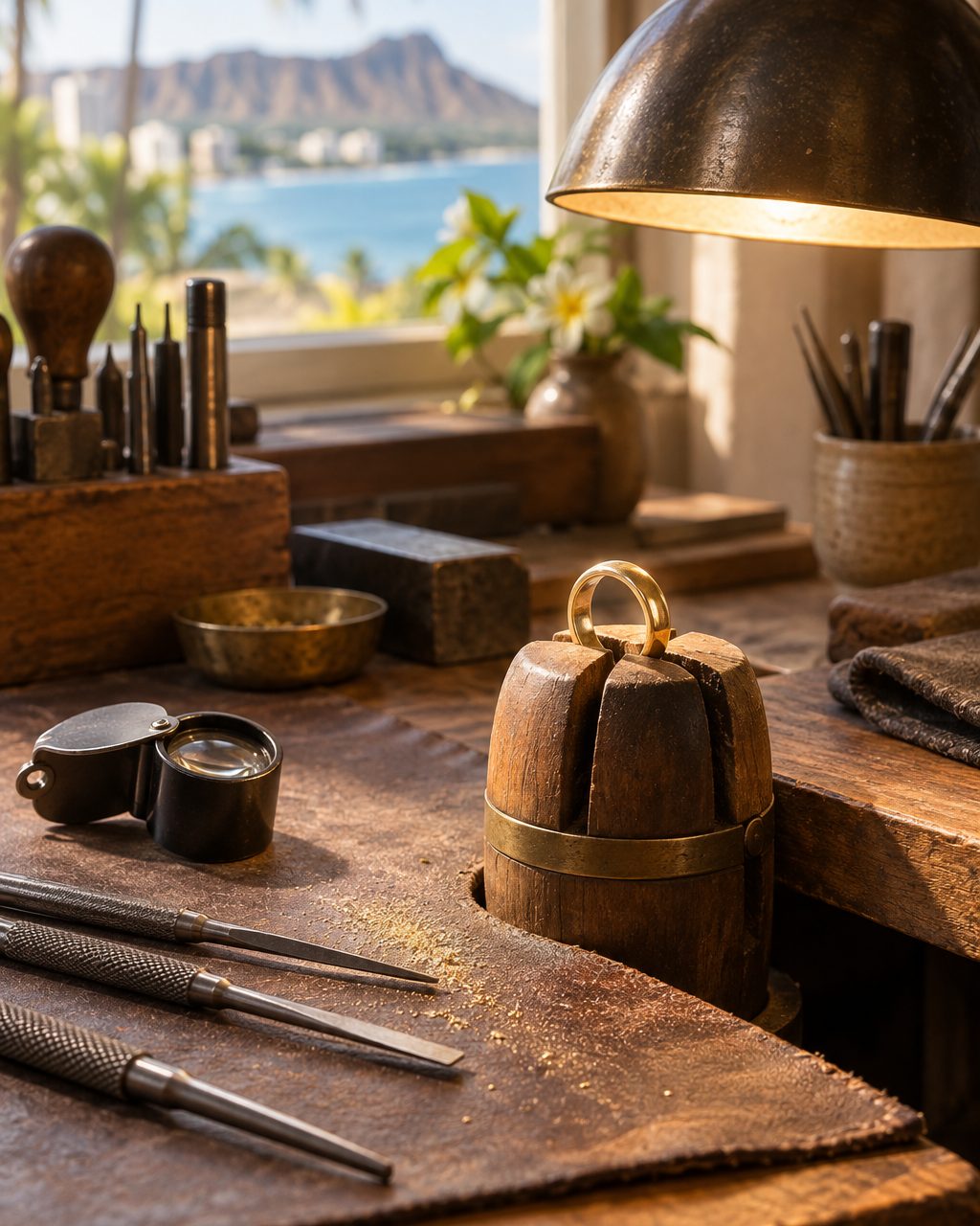 A yellow gold ring held in a wooden ring clamp on a jeweler's bench, with gravers and a loupe beside it in warm window light.