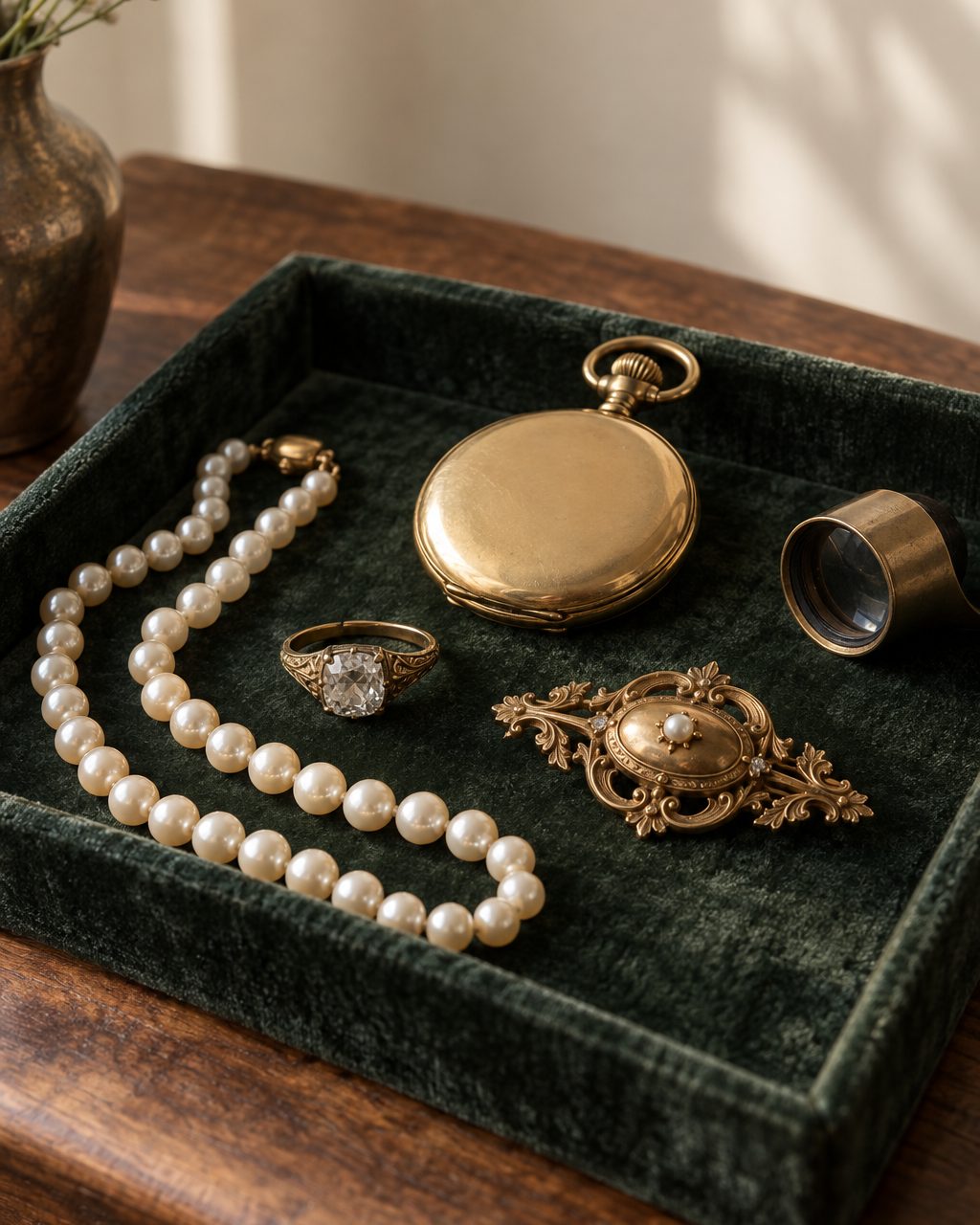 A tray of estate jewelry on dark green velvet: an old mine cut diamond ring, a strand of pearls, a gold brooch and a pocket watch, with a loupe beside them.